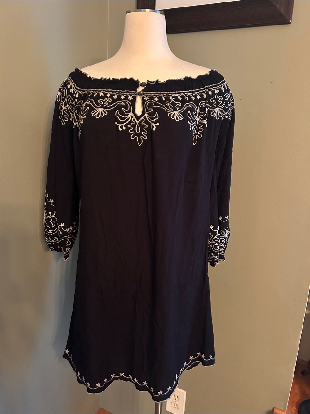 Lucky Brand Black Boho dress with White Embroidered Yoke